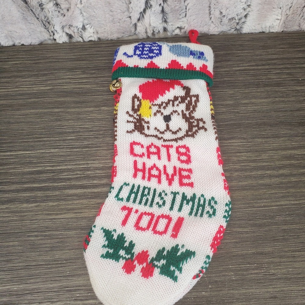 Vintage‎ Knit Christmas Stocking Cats Have Christmas Too Small Pet Holiday Sock